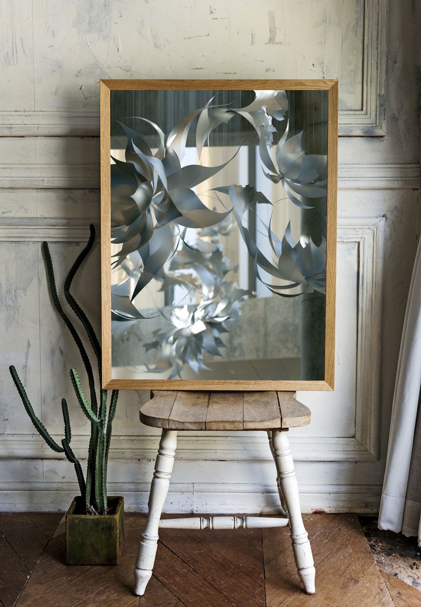 Suspended Silver Floral Sculpture Print. room preview