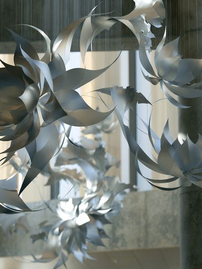 Suspended Silver Floral Sculpture Print. poster
