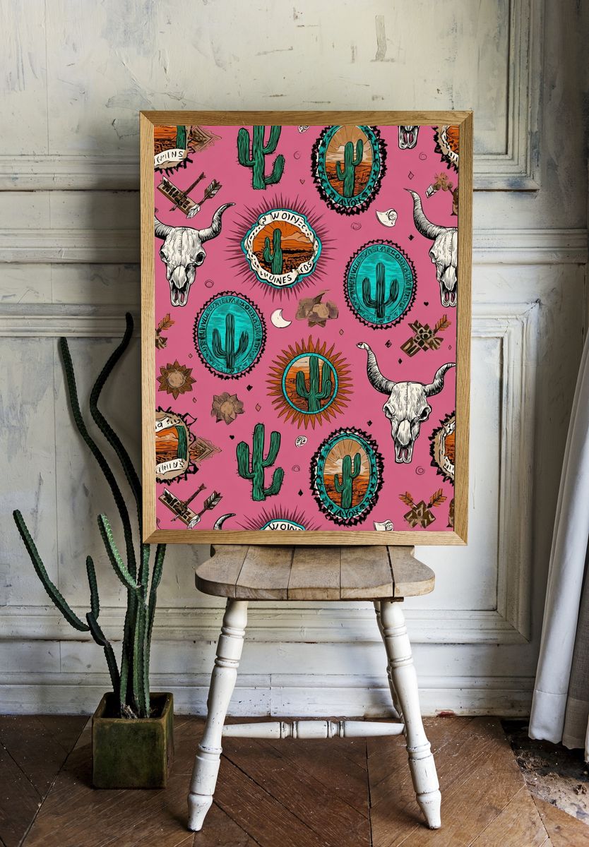 Desert Cactus Skull Pattern Print room preview