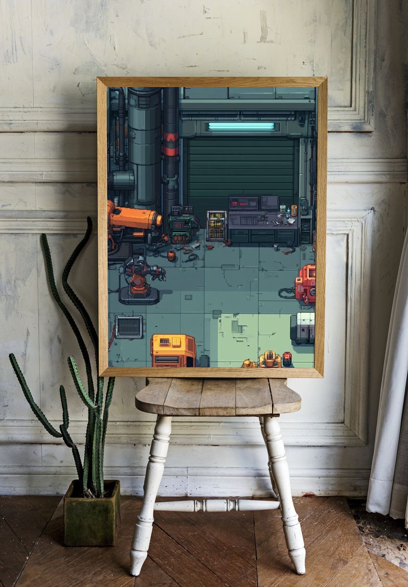 Cyberpunk Robot Workshop Poster. room preview