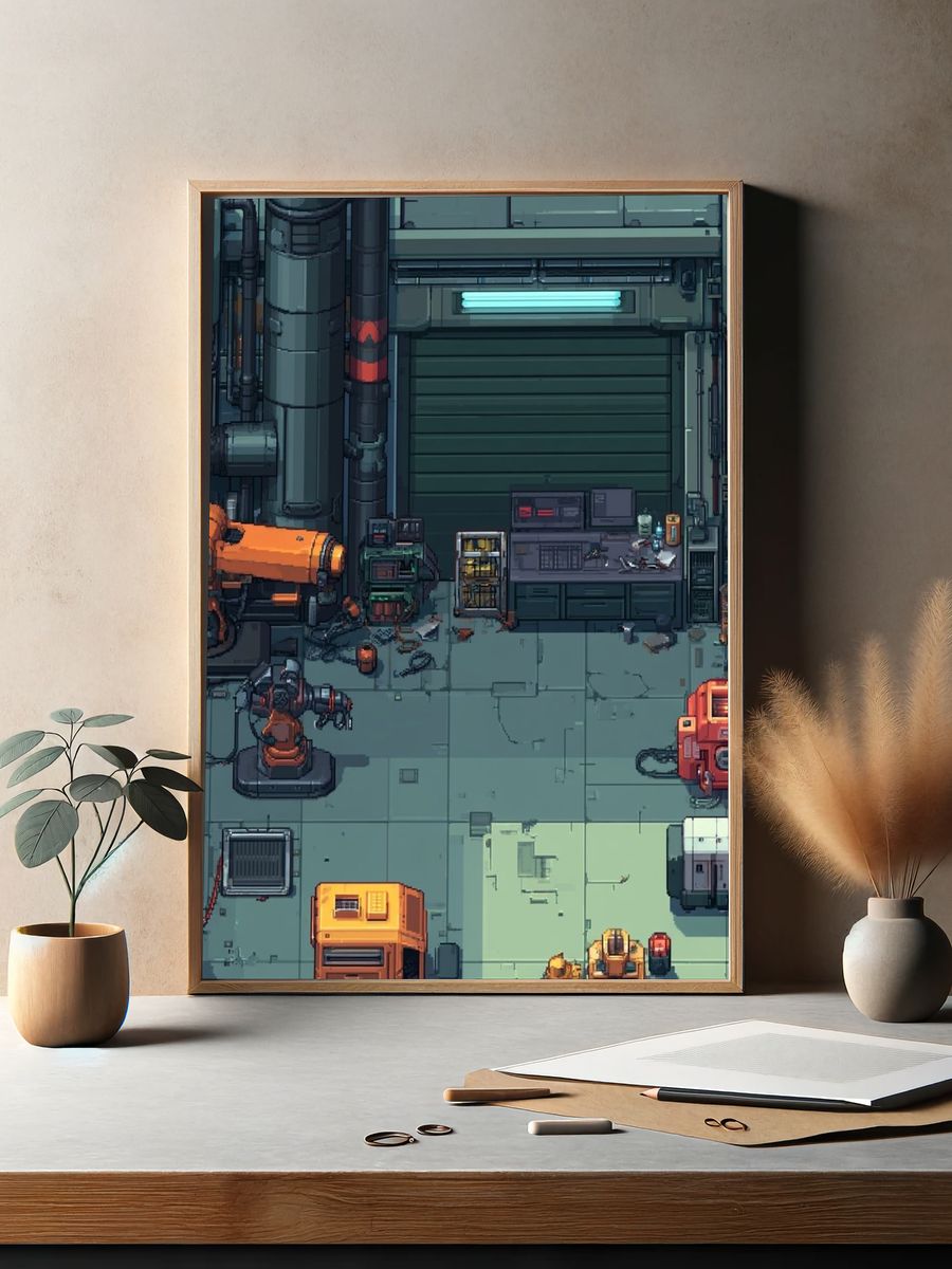 Cyberpunk Robot Workshop Poster. — room view 2