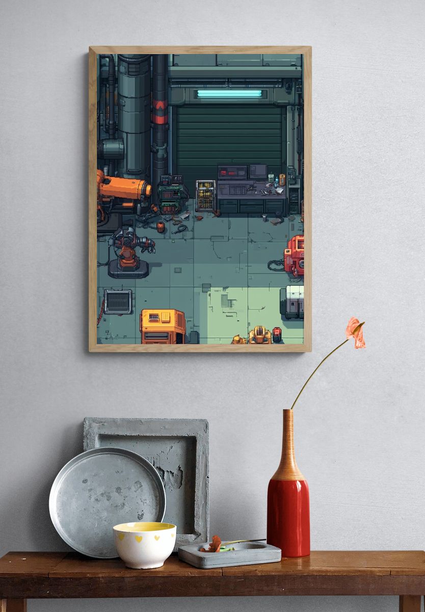 Cyberpunk Robot Workshop Poster. — room view 3