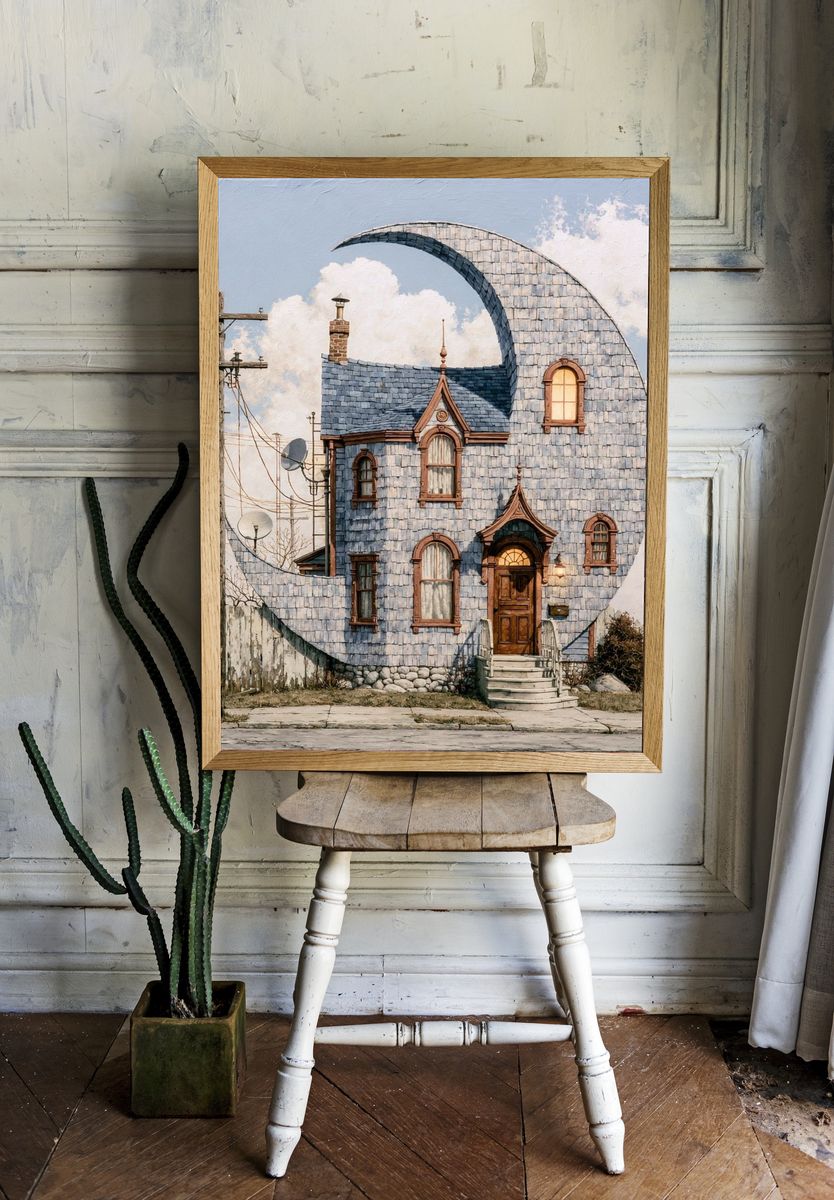 Whimsical Crescent House Illustration Poster. room preview
