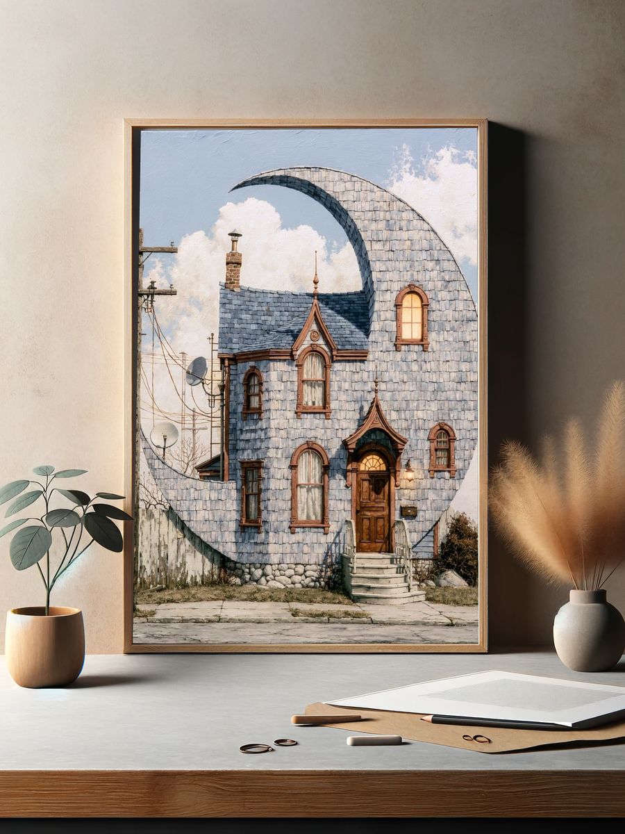 Whimsical Crescent House Illustration Poster. — room view 2