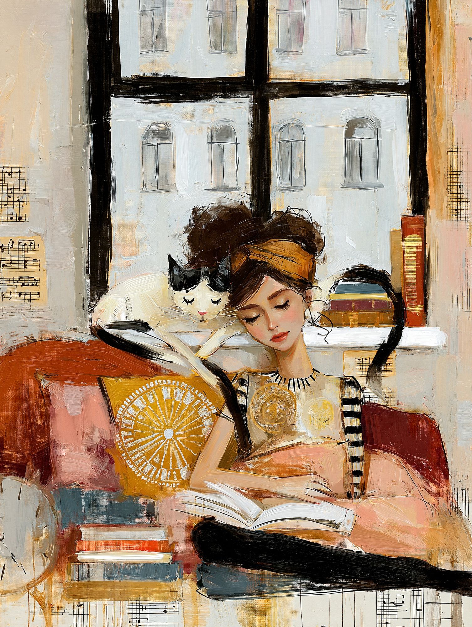 Girl Reading with Cat Illustration Poster. poster — illustration art