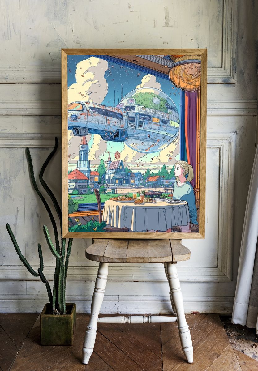 Floating Spacecraft Café Illustration Poster. room preview