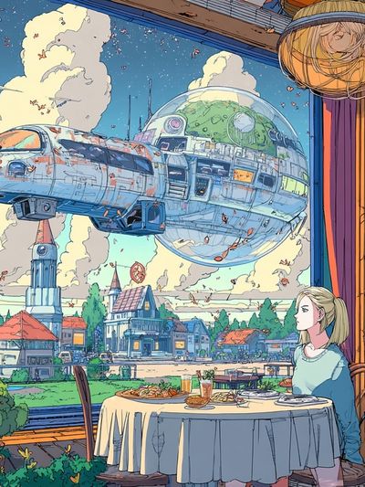 Floating Spacecraft Café Illustration Poster.