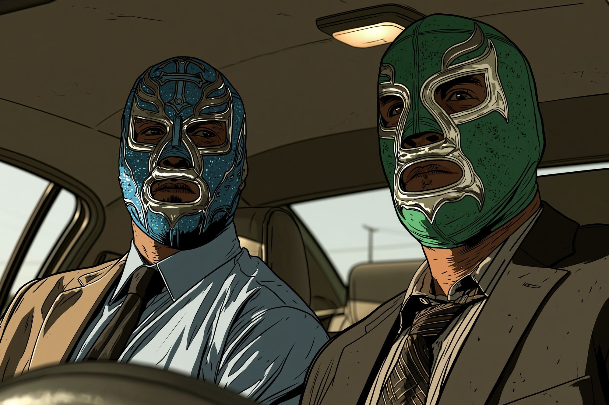 Masked Men in Car Illustration Poster. poster — illustration art