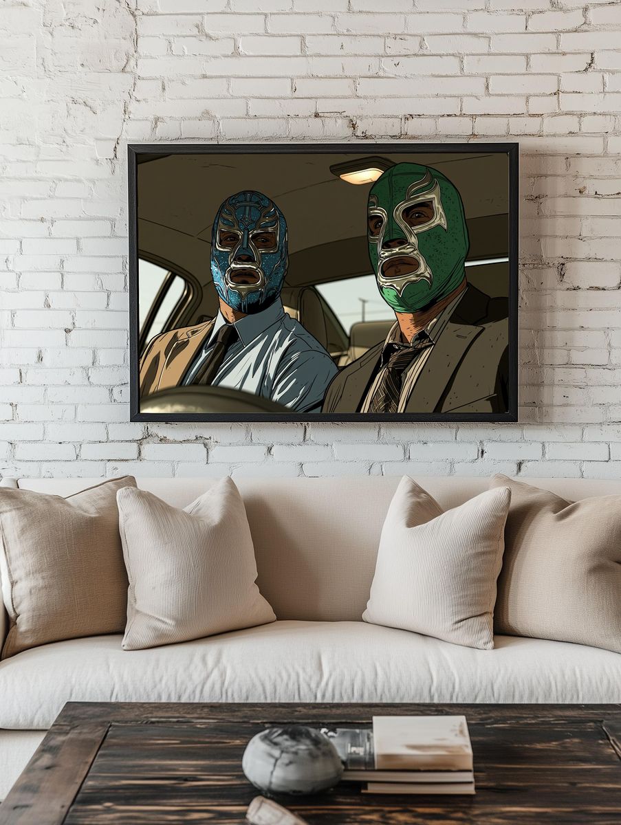 Masked Men in Car Illustration Poster. — room view 1