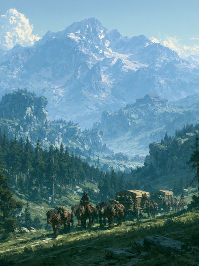 Mountain Caravan Landscape Print. poster