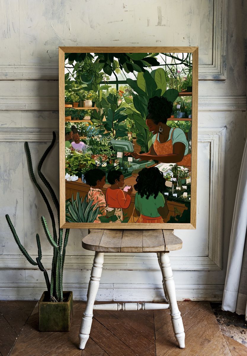 Botanical Market Scene Illustration Poster. — room view 1