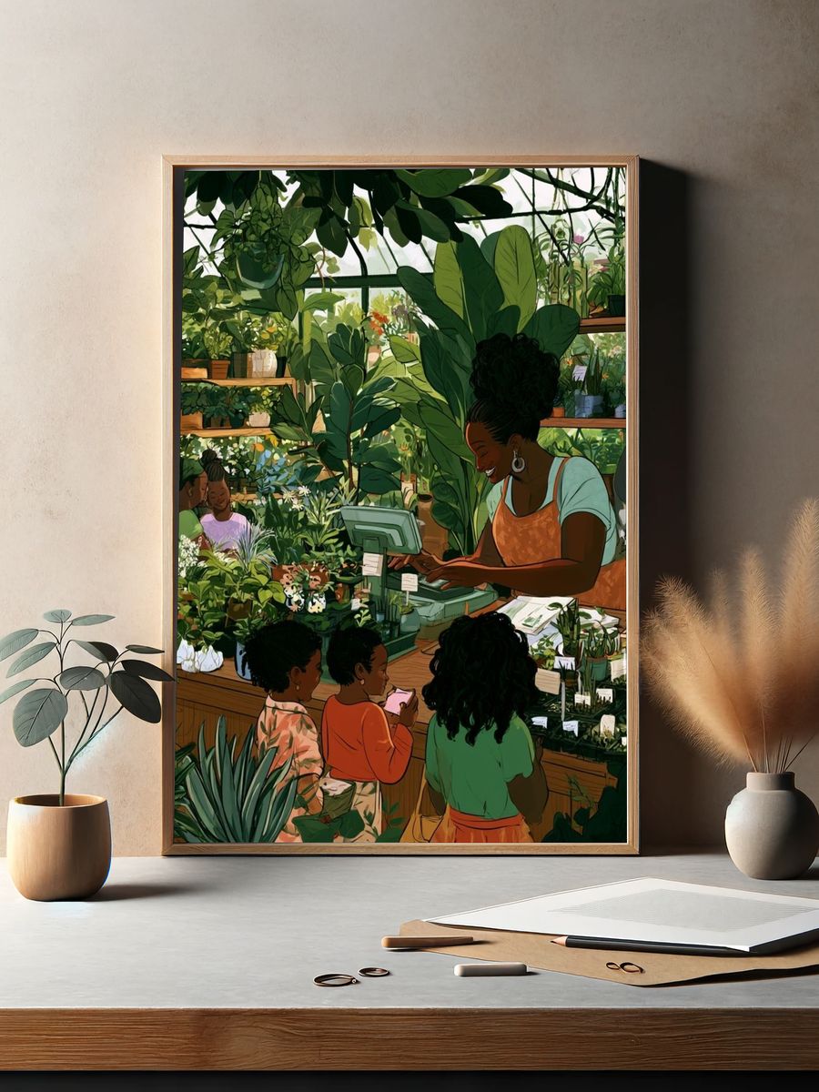 Botanical Market Scene Illustration Poster. — room view 2