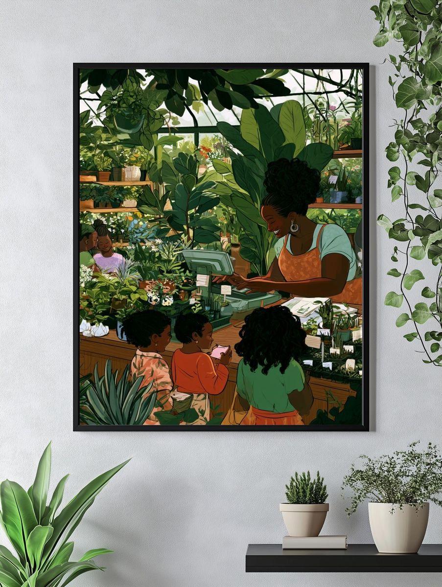 Botanical Market Scene Illustration Poster. — room view 4