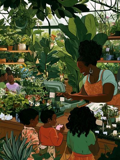 Botanical Market Scene Illustration Poster.