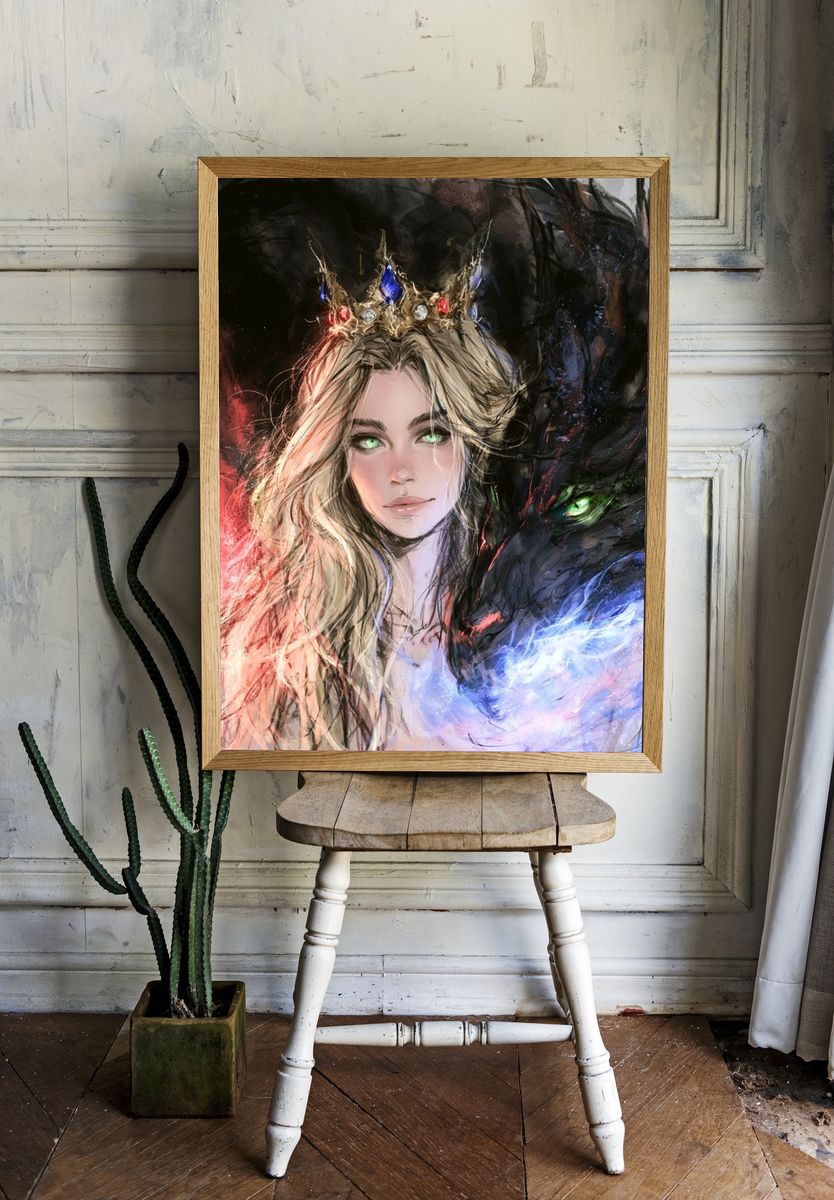 Crowned Queen and Dragon Illustration Poster. — room view 1