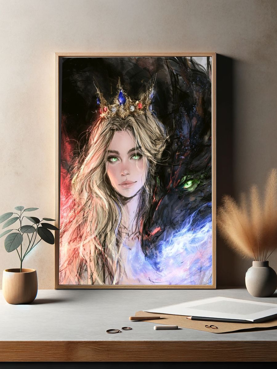 Crowned Queen and Dragon Illustration Poster. — room view 2