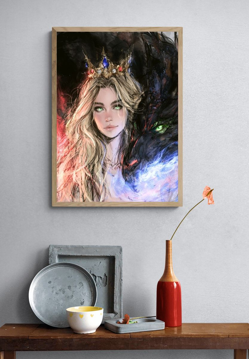 Crowned Queen and Dragon Illustration Poster. — room view 3