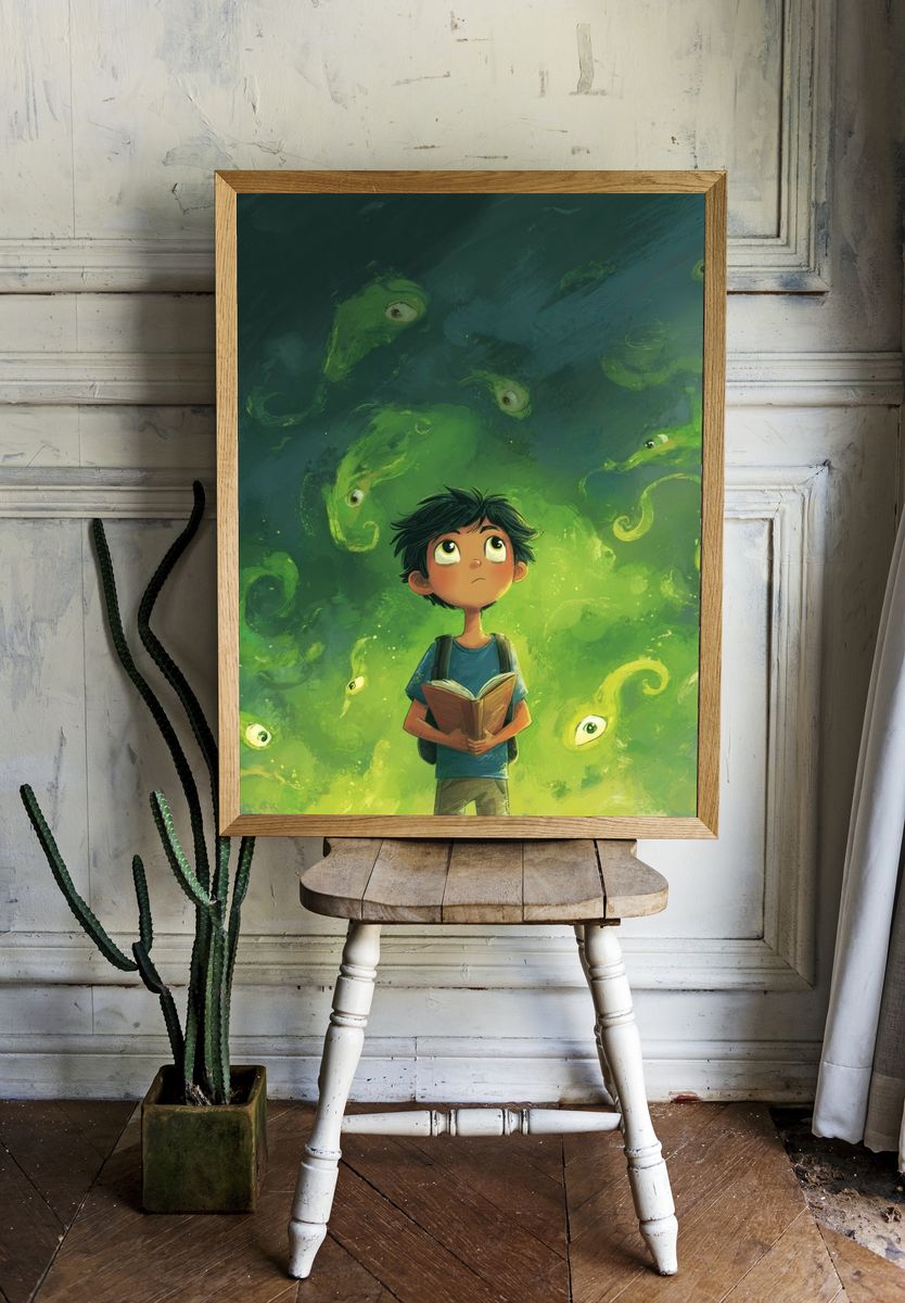 Boy and Green Spirits Illustration Poster. room preview