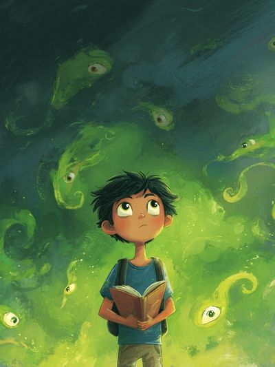Boy and Green Spirits Illustration Poster. poster print