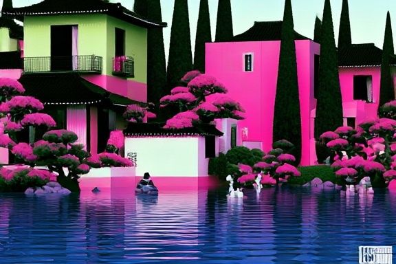 Neon Coastal Village Illustration Print. poster detail