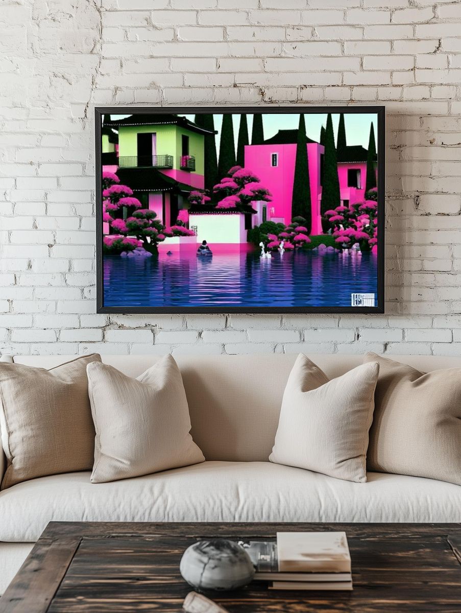 Neon Coastal Village Illustration Print. — room view 1