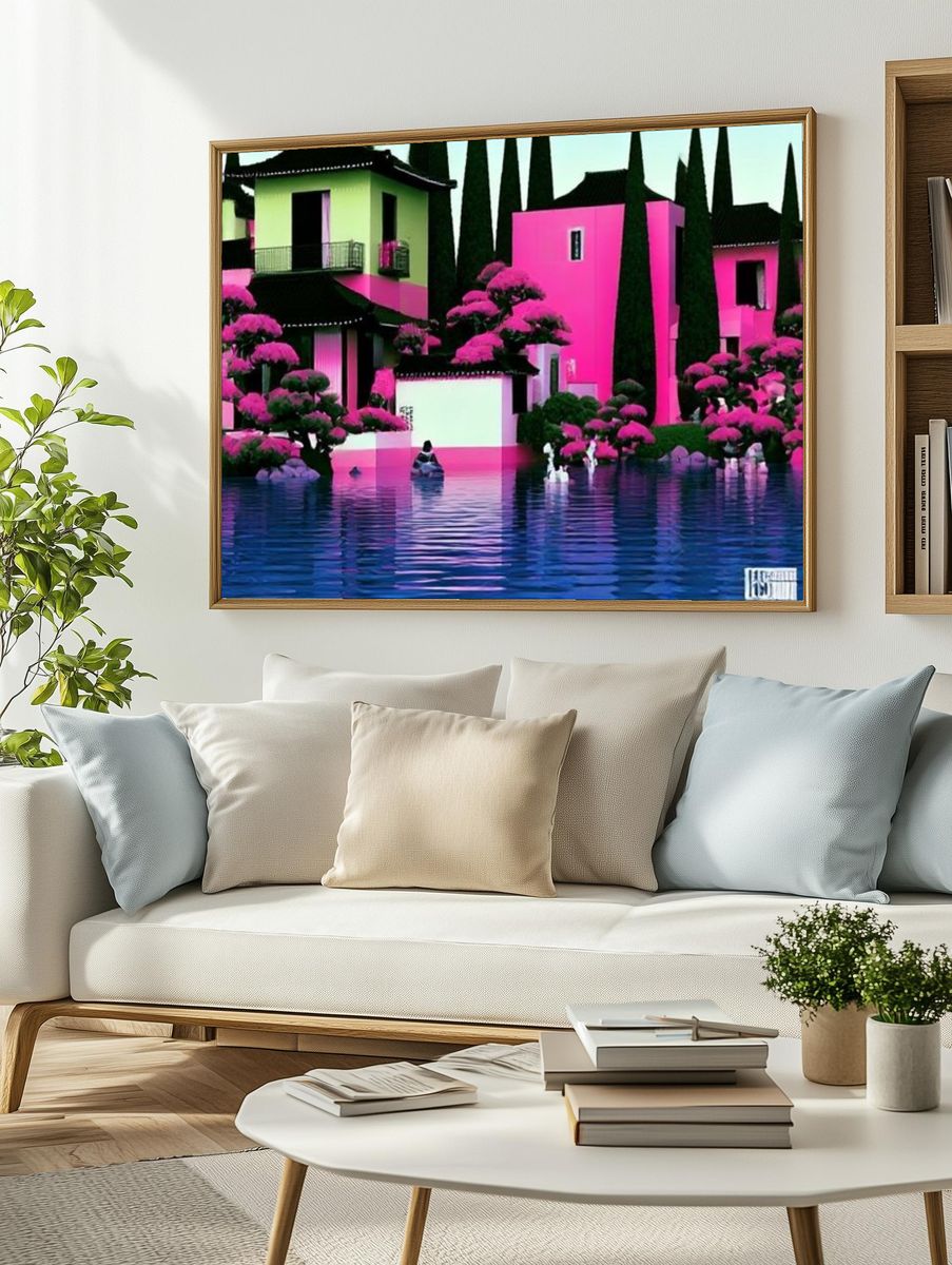 Neon Coastal Village Illustration Print. — room view 2