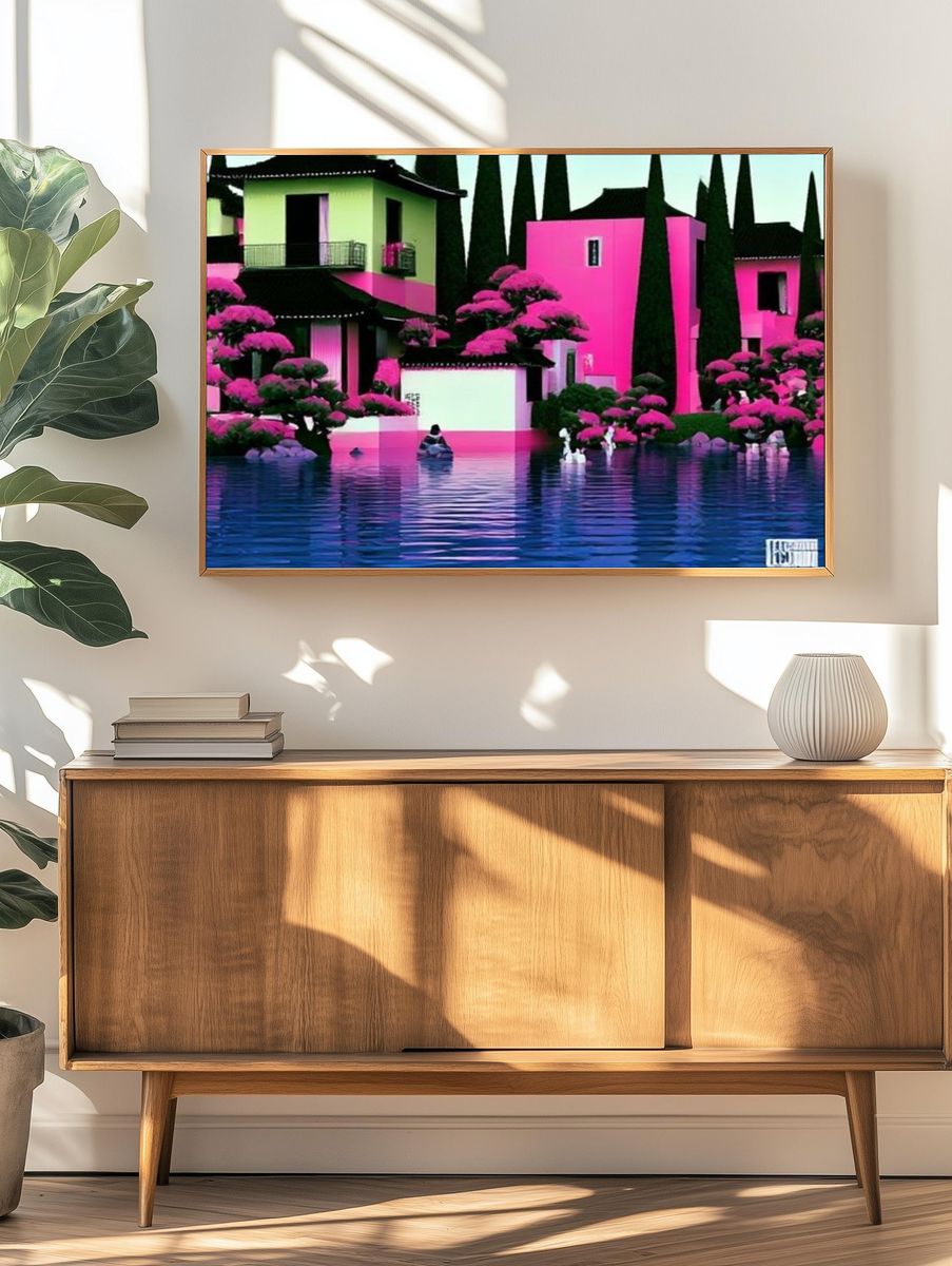 Neon Coastal Village Illustration Print. — room view 3