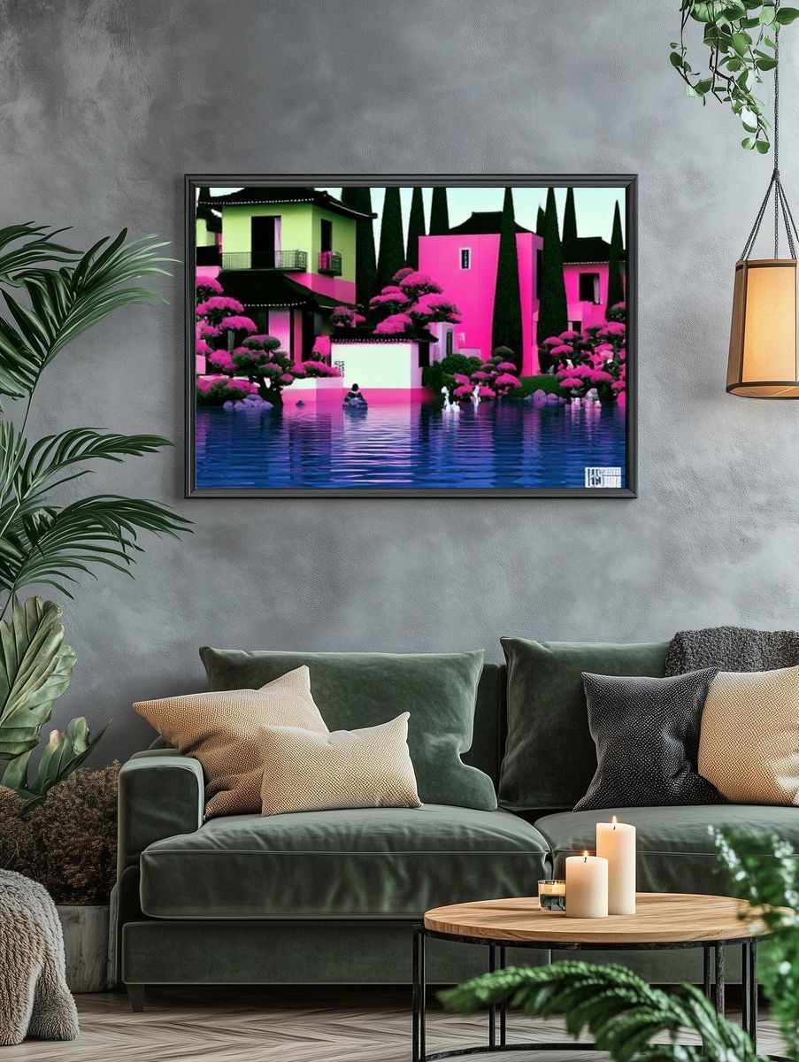 Neon Coastal Village Illustration Print. — room view 4