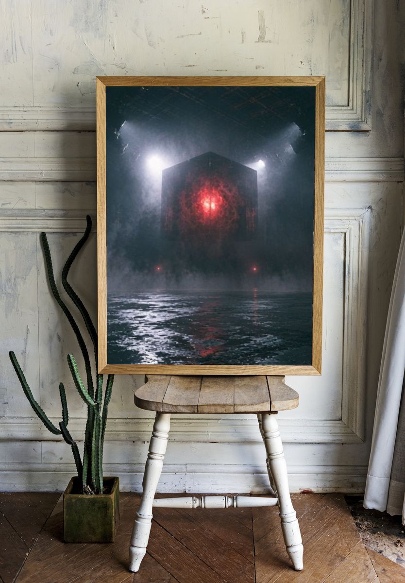 Mysterious Red Cube Sci-Fi Poster. room preview