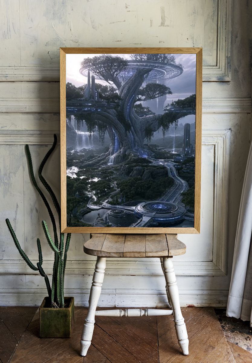 Futuristic Tree City Illustration Poster. — room view 1