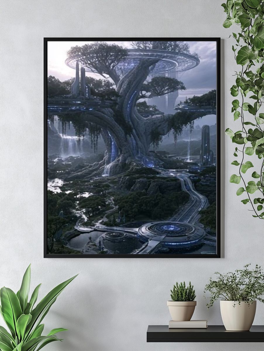 Futuristic Tree City Illustration Poster. — room view 4