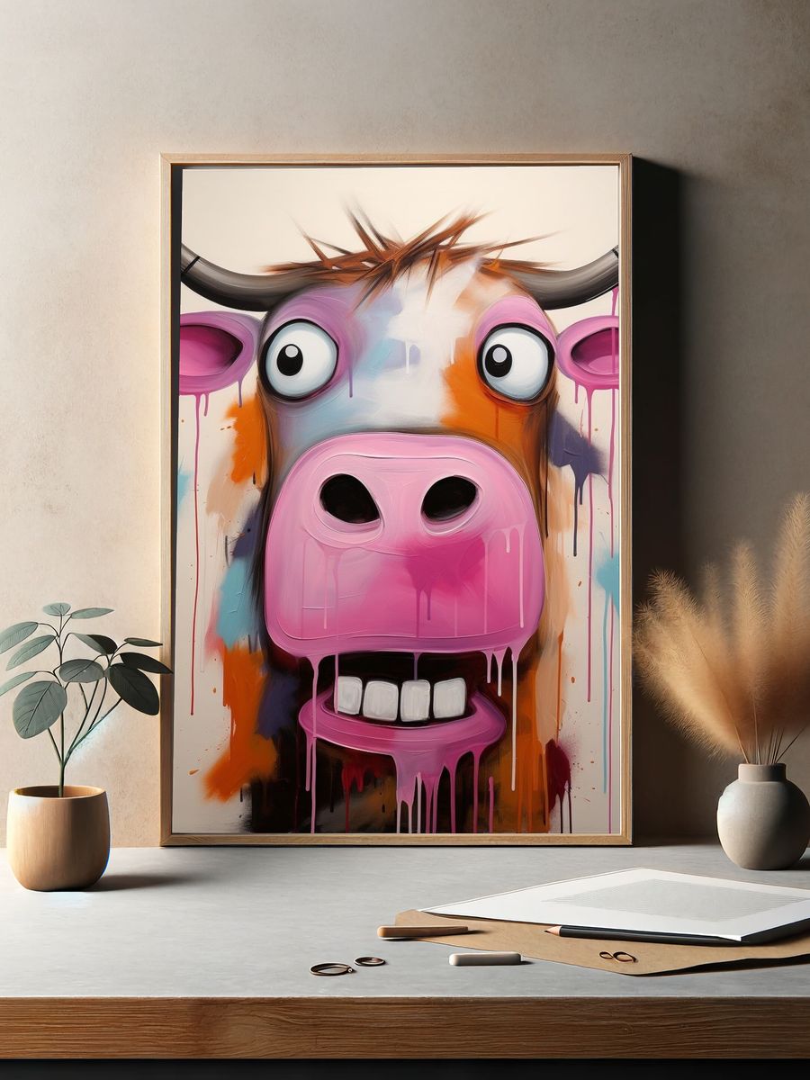 Colorful Cow Face Illustration Poster. — room view 2