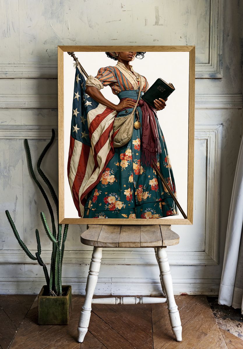 Patriotic Woman with Bible Illustration Poster. room preview