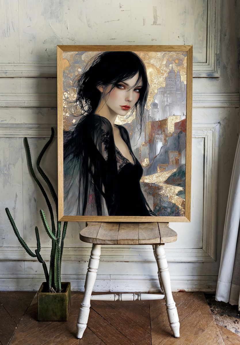 Gothic Woman Cityscape Illustration Poster. room preview