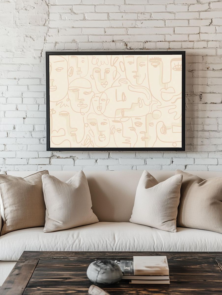 Abstract face line drawing beige. — room view 1