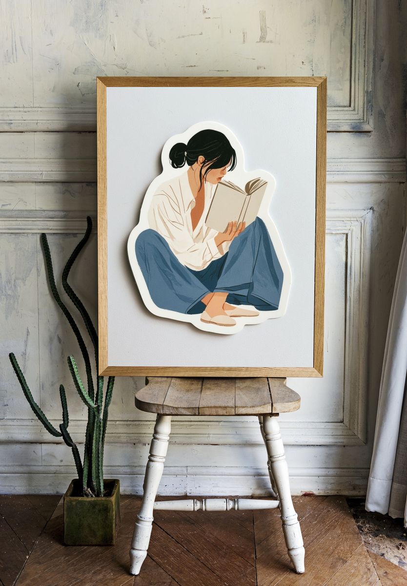 Woman Reading Illustration Poster. — room view 1