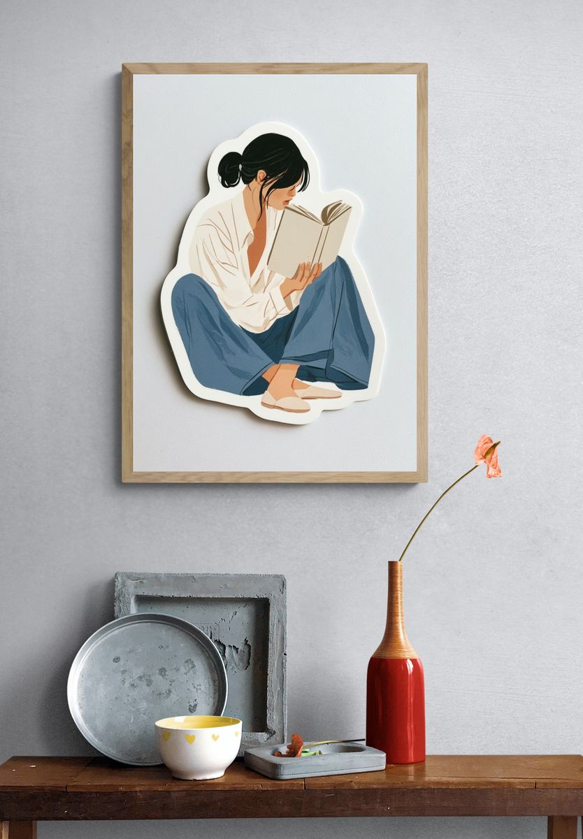Woman Reading Illustration Poster. — room view 3