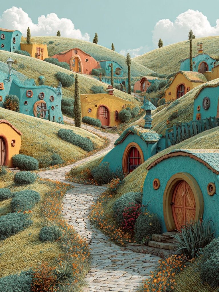 Whimsical Hillside Village Poster. poster — illustration art