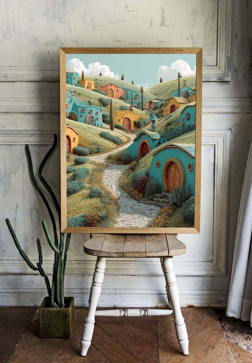 Whimsical Hillside Village Poster room preview