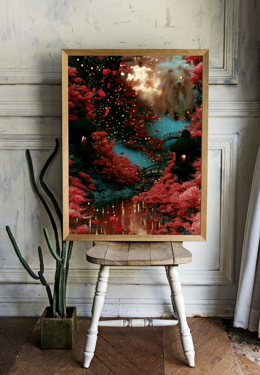 Crimson Blossom Garden Print. — room view 1