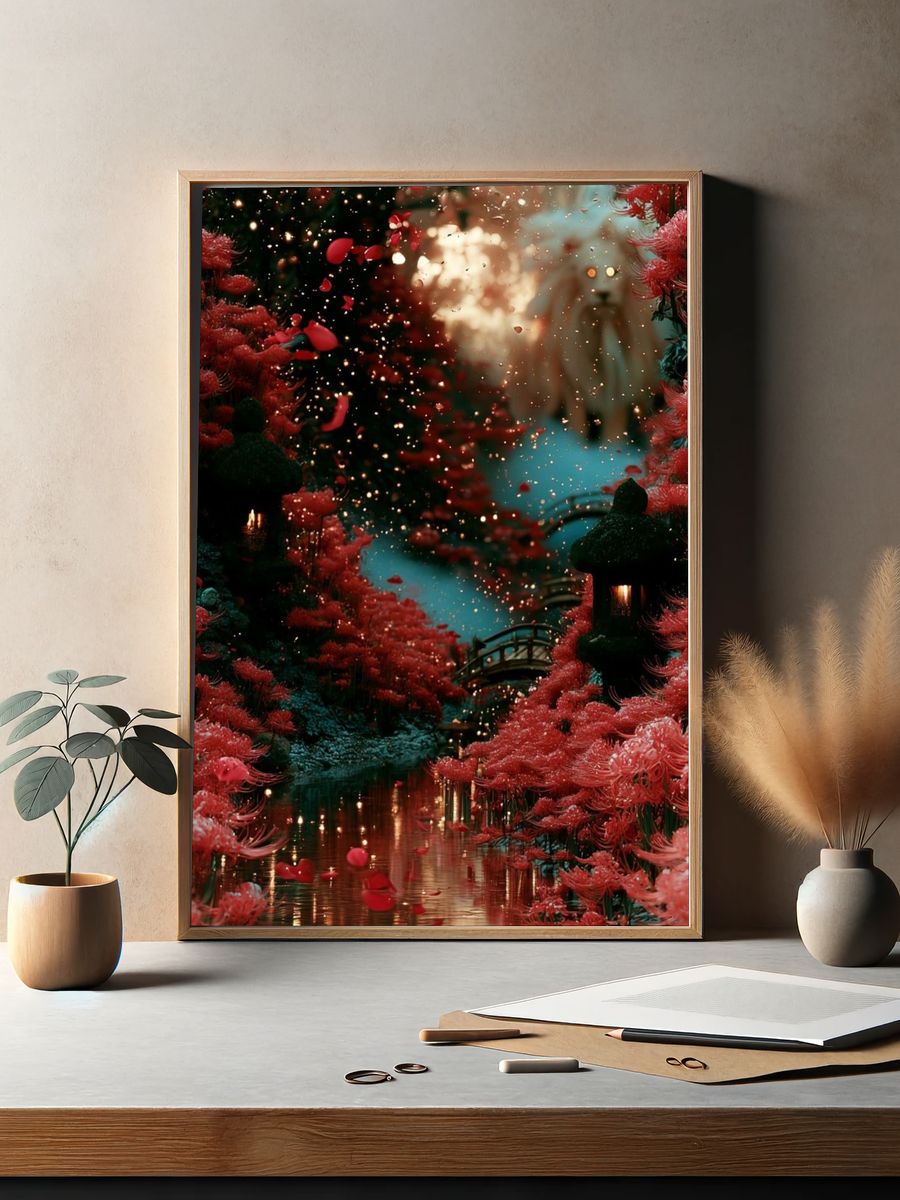 Crimson Blossom Garden Print. — room view 2