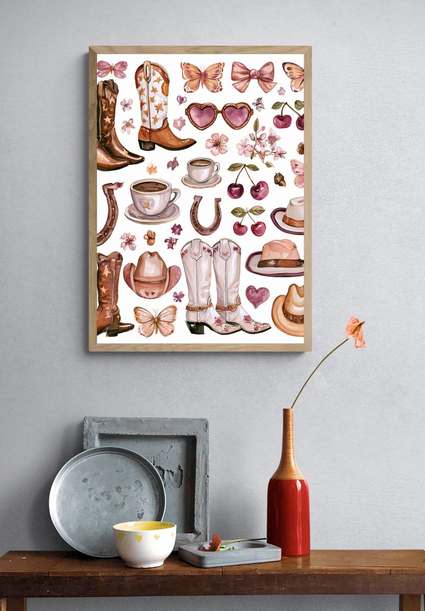 Cowgirl Boots and Cherry Watercolor Print. — room view 3