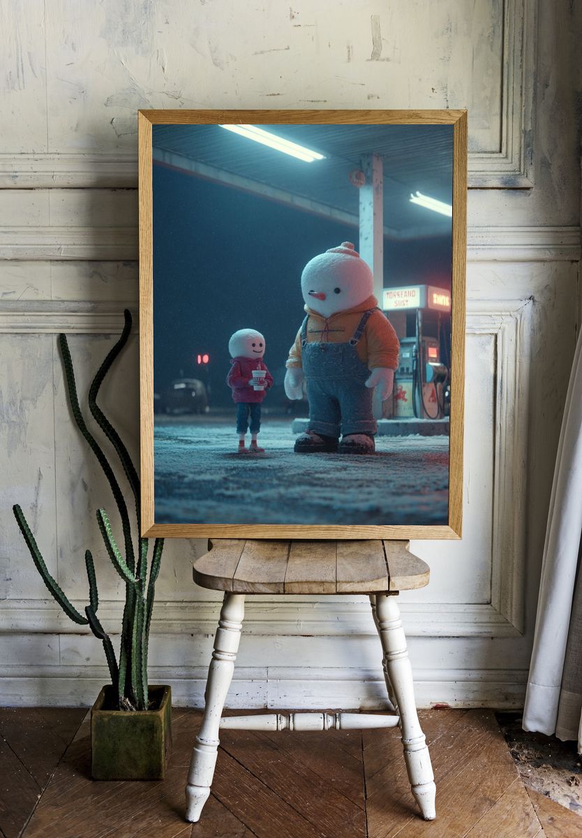 Snowman Duo Night Scene Poster. — room view 1
