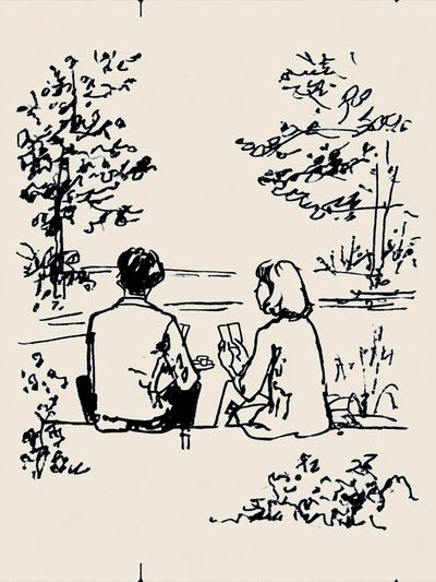 Couple by the Lake Ink Print. poster print