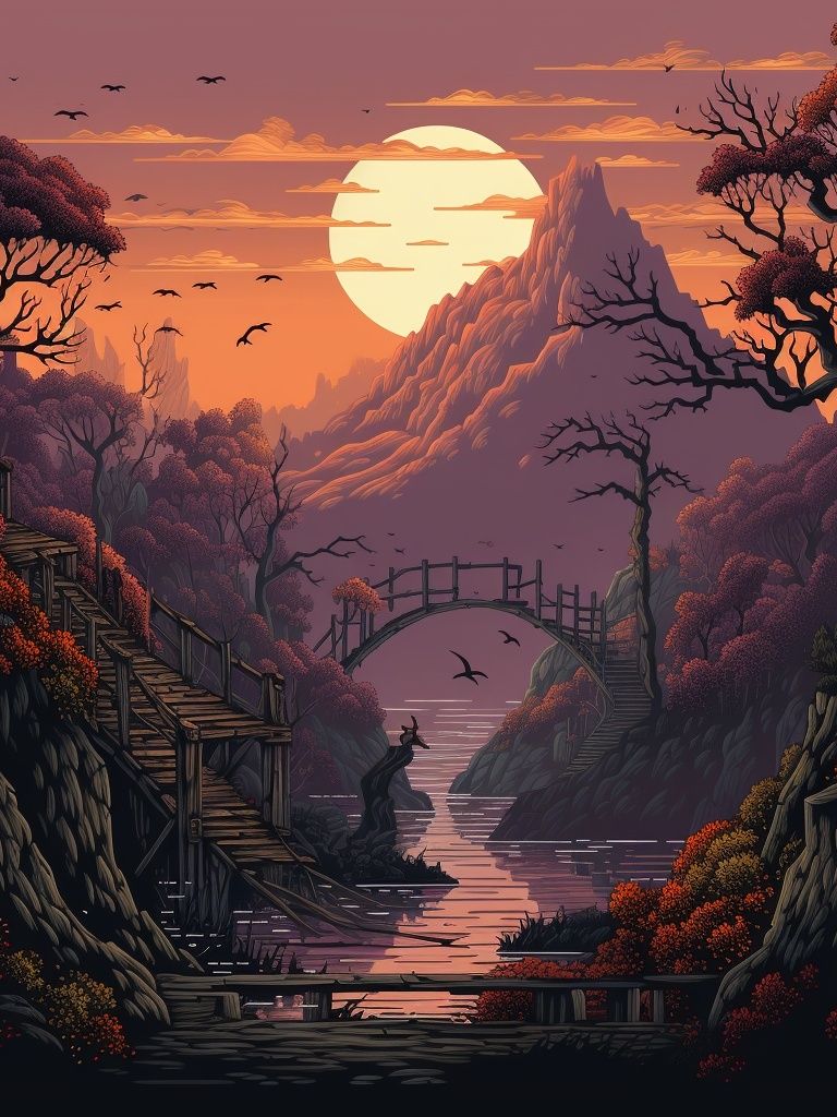 Sunset Mountain Valley Illustration Poster. poster — illustration art