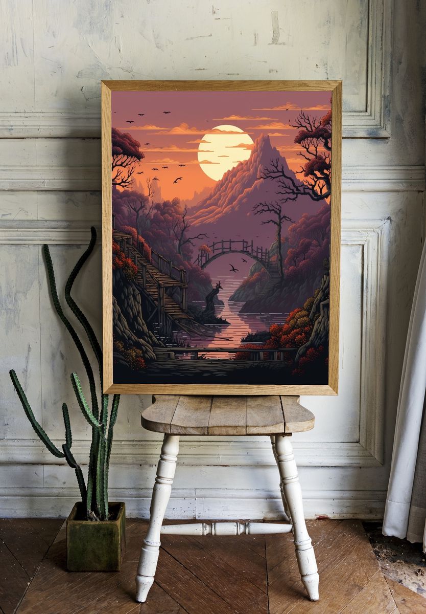 Sunset Mountain Valley Illustration Poster. room preview