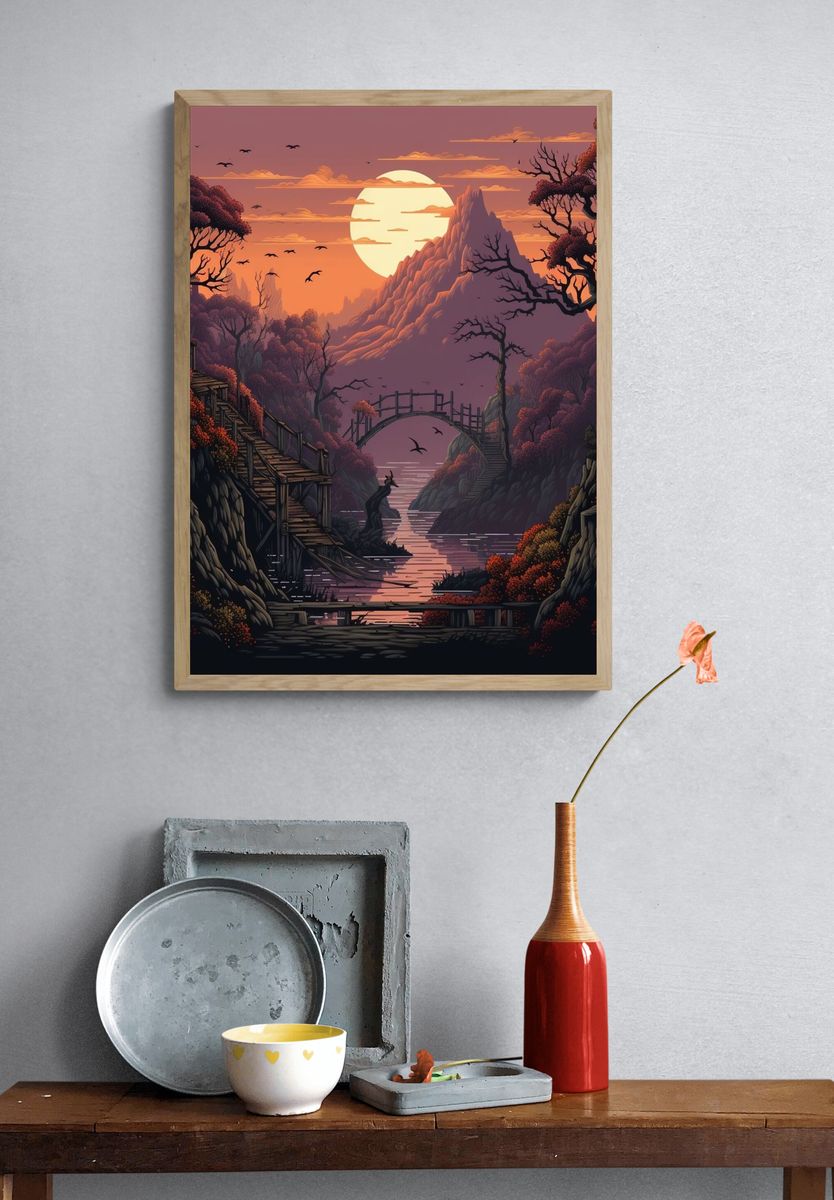 Sunset Mountain Valley Illustration Poster. — room view 3