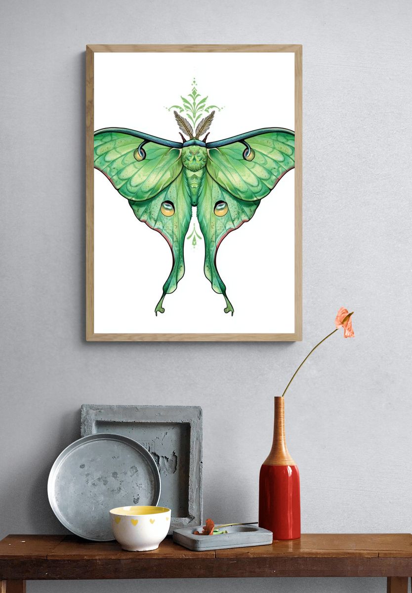 Green Luna Moth Illustration Poster. — room view 3