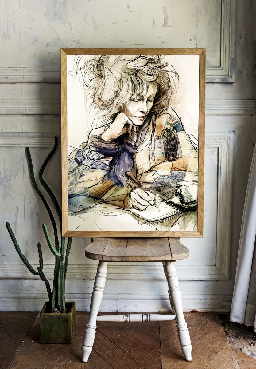 Contemplative Woman Illustration Poster. — room view 1