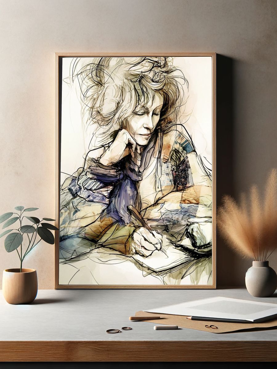 Contemplative Woman Illustration Poster. — room view 2